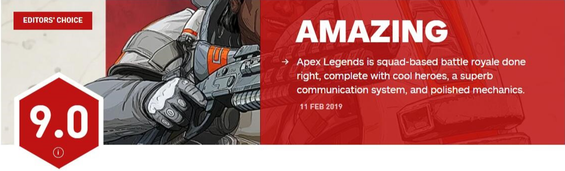 《Apex legends》IGN评分达到9.0，仍未超越吃鸡和堡垒之夜
